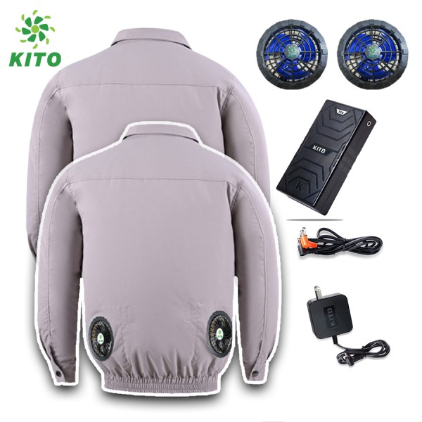 Combo 2 Áo Điều Hòa KITO Kaki Không Mũ Màu Xám Ghi, Pin 26.000mAh, Quạt 13V, Tặng 2 Túi Đá